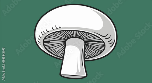A simple cartoon illustration of a white mushroom with gills, shown from below on a green background