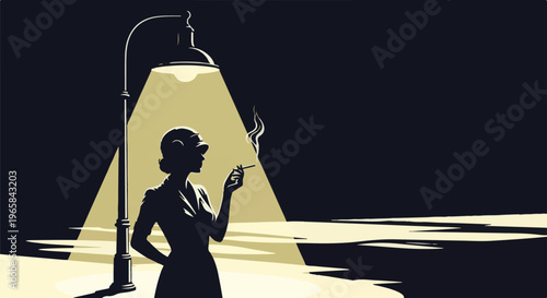 Silhouette of a woman smoking under a street lamp at night