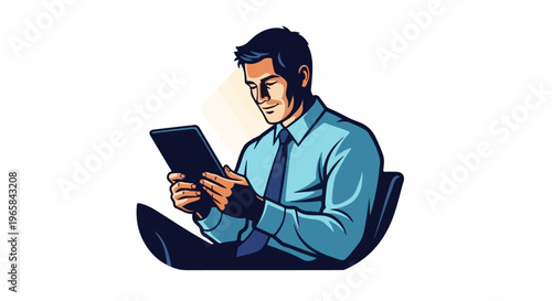 A professional man in a blue shirt and tie looks at a tablet
