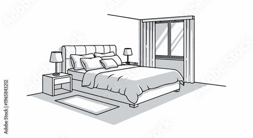 A minimalist line drawing depicts a cozy bedroom with a large bed and window