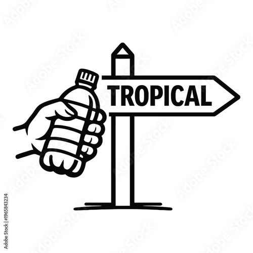 Hand with water bottle and tropical destination signpost with black and white