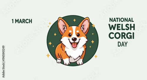 A happy cartoon corgi surrounded by stars, celebrating National Welsh Corgi Day