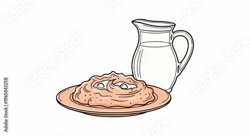 A plate of textured food with embedded circles and a glass pitcher of liquid