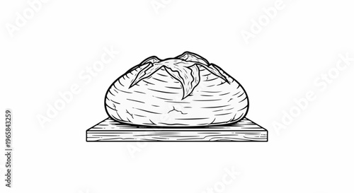Simple line drawing of a round loaf of bread on a wooden cutting board