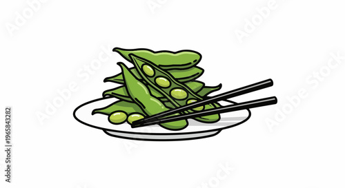 A pile of green edamame pods with beans and chopsticks on a plate