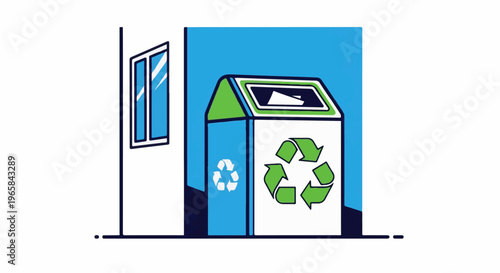 A recycling bin with green arrows and a window on a white wall