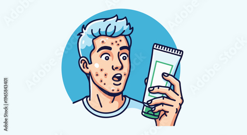 Surprised person with acne holds skincare product