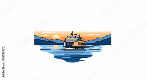 A ferry crosses calm waters at sunset with mountains in the background