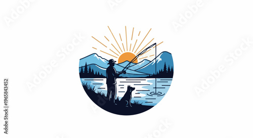 Silhouette of man fishing with dog by serene lake at sunrise, mountains beyond
