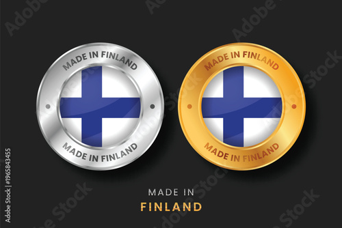 Premium gold and silver metallic seals with the Finland flag. High quality Made in Finland emblems for product packaging, export branding, and manufacturing origin.