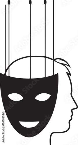 A minimalist black and white illustration of a profile human head wearing a puppet like mask