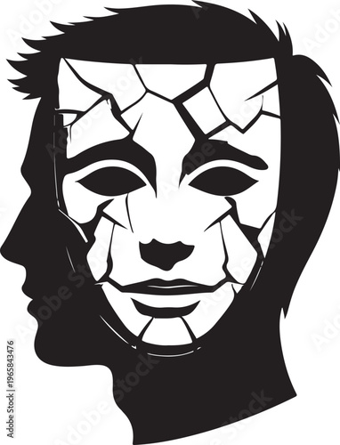 A black and white graphic illustration featuring a human silhouette with a cracked facial mask