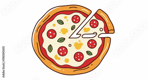 A cartoon-style pizza with one slice removed, featuring pepperoni, cheese, and basil