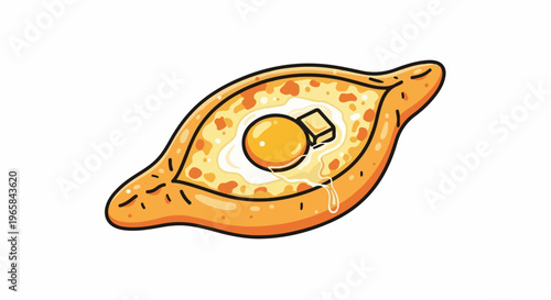A cartoon-style illustration of a boat-shaped bread filled with melted cheese, a fried egg, and butter
