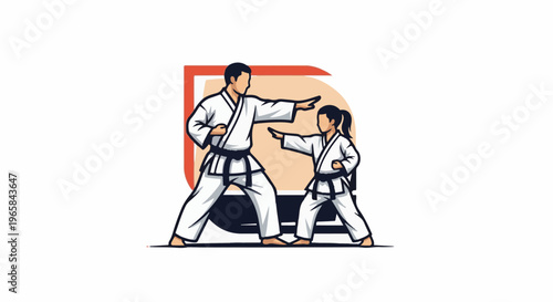 Two martial artists in white uniforms practice punches