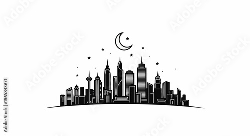 Stylized cityscape silhouette under a crescent moon and starry sky