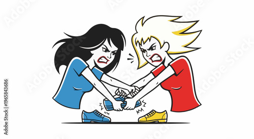 Two cartoon women in a tug-of-war with shoes, expressing anger