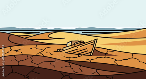 A beached boat lies in a dry, cracked landscape under a hazy sky