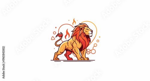 Stylized lion with fiery mane and heart symbol, digital art