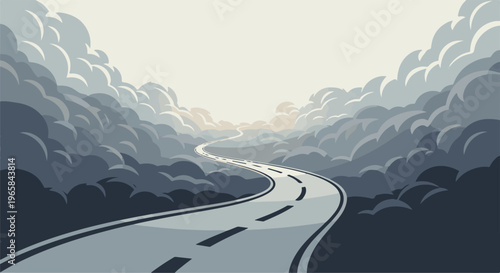 Winding road disappearing into cloudy sky