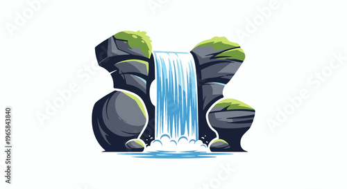 Stylized waterfall cascading over rocks with mossy green tops