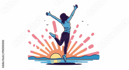 Woman jumping for joy at sunrise over water