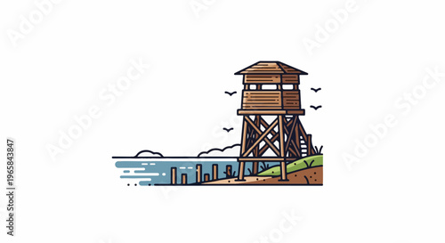 Wooden observation tower on a coastal landscape