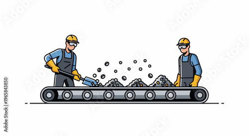 Workers operate conveyor belt sorting materials in industrial setting