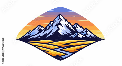 Stylized mountain range at sunset over golden fields and a winding river