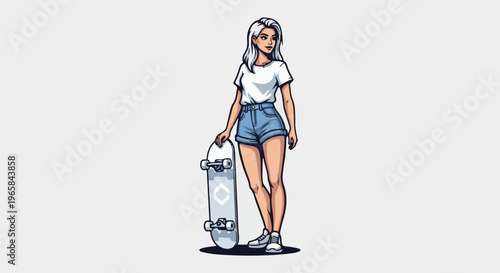 Young woman with silver hair and denim shorts holds a skateboard