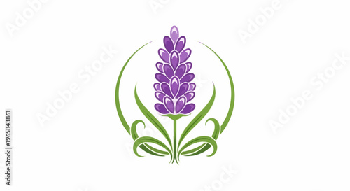 Stylized purple flower with green leaves and stems in circular motif
