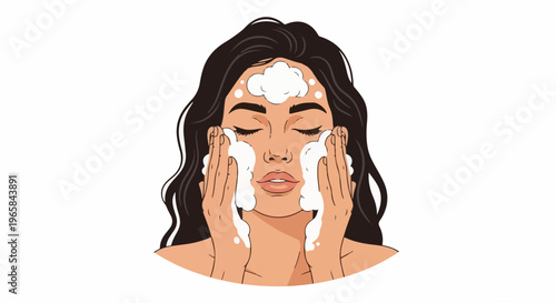 Woman washing face with foam, gentle cleansing routine
