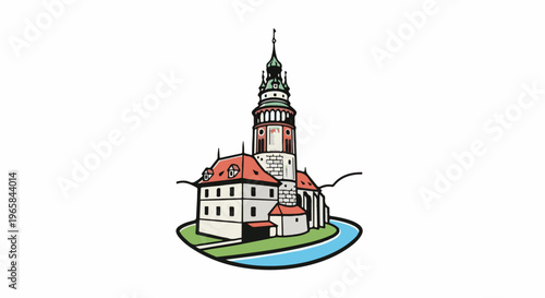 Whimsical castle tower with red roof on island, river, green ground