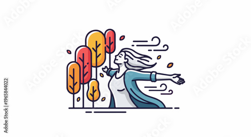 Woman embracing wind and autumn trees, feeling free and joyful