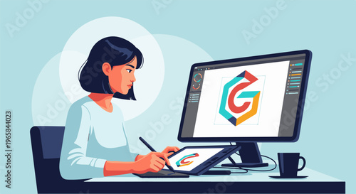 Woman designs a logo on a computer and drawing tablet