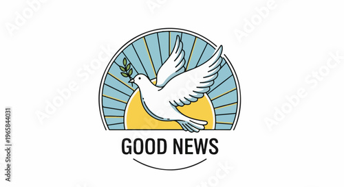 White dove with olive branch flies past sun and rays, text below