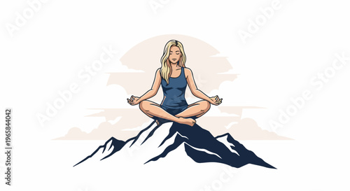 Woman meditates atop a mountain, serene clouds and sky in background