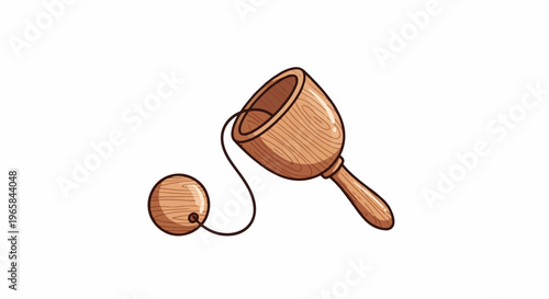 Wooden cup-and-ball toy with string and ball on white background