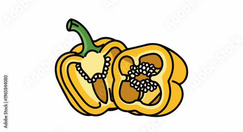 Yellow bell pepper halves are shown, revealing seeds and stem