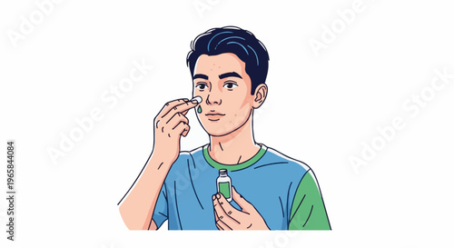 Young man with acne applying skincare product to his face