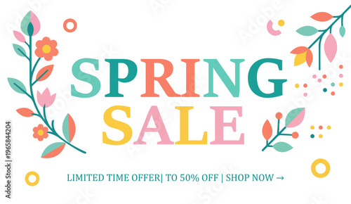 Spring Sale Promotion Banner with Floral Elements and Vibrant Typography