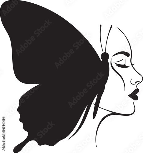 A beautiful womans face with a butterfly wing for hair