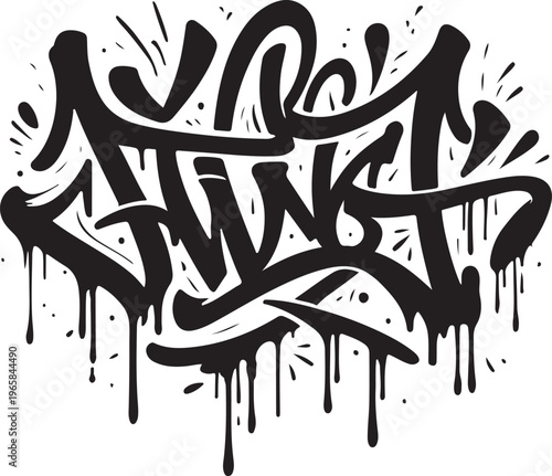 A bold black and white graffiti tag illustration featuring stylized lettering with paint drips