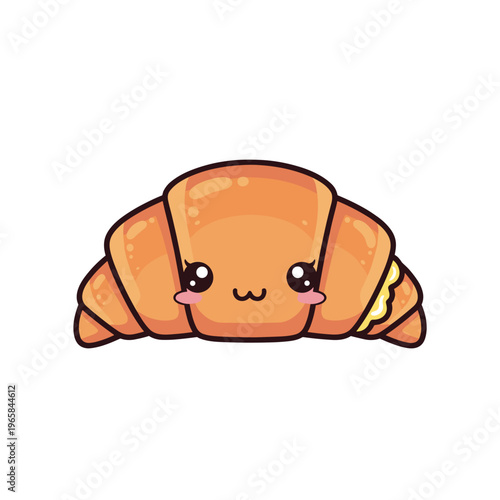 Cute cartoon croissant character with happy expression and blush  