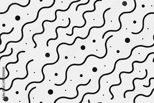 A minimalist seamless pattern featuring black wavy lines and scattered dots on a light background