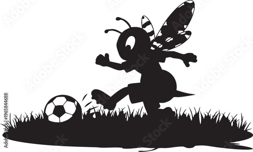 Black silhouette cartoon bee kicking soccer ball on grass