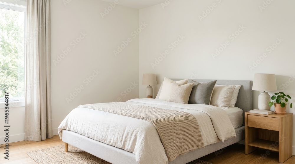 Fototapeta premium A Minimalist Bedroom With A King Size Bed And Neutral Tones