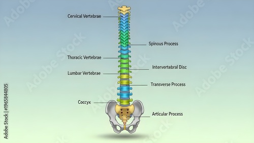 Vertical spine anatomy diagram with color‑coded cervical, thoracic, lumbar vertebrae, sacrum and coccyx showing spinous, transverse and articular processes plus intervertebral discs above pelvis for c