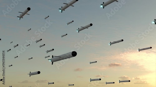 Rockets missile war bomb fly on sunrise 4k