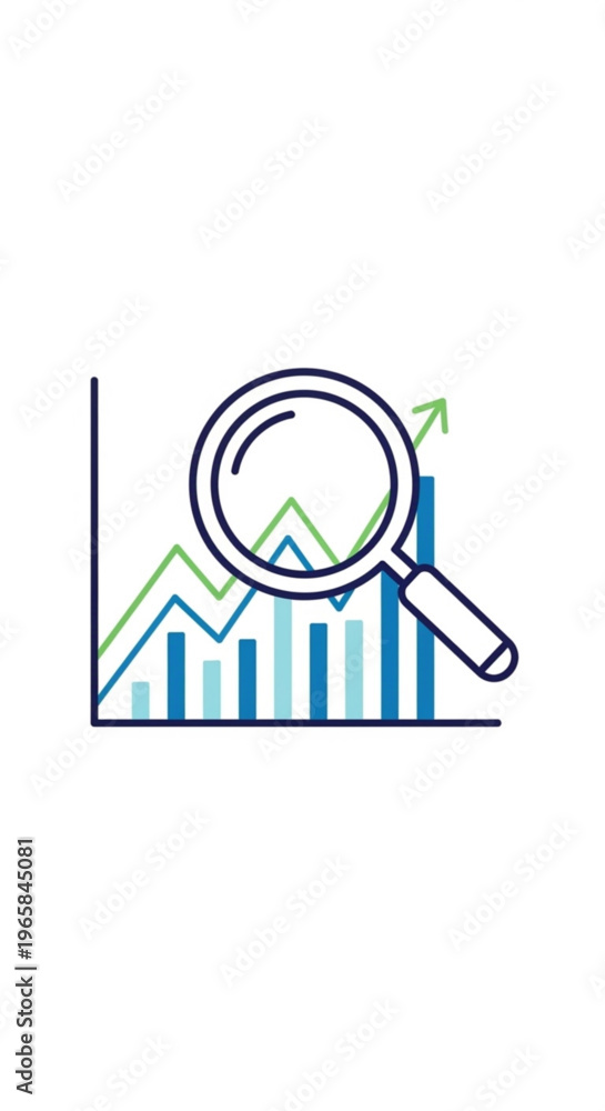 Obraz premium Magnifying glass analyzes rising business graph with increasing trend lines and bars symbolizing data analysis and growth
